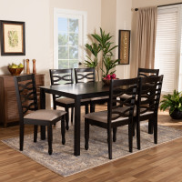 Baxton Studio RH318C-Sand/Dark Brown-7PC Dining Set Lanier Modern and Contemporary Sand Fabric Upholstered Dark Brown Finished Wood 7-Piece Dining Set